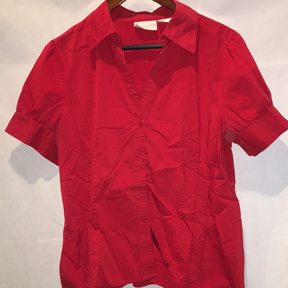 Worthington Stretch Red Puff Sleeve Short Sleeve Button Down Blouse Top | 16